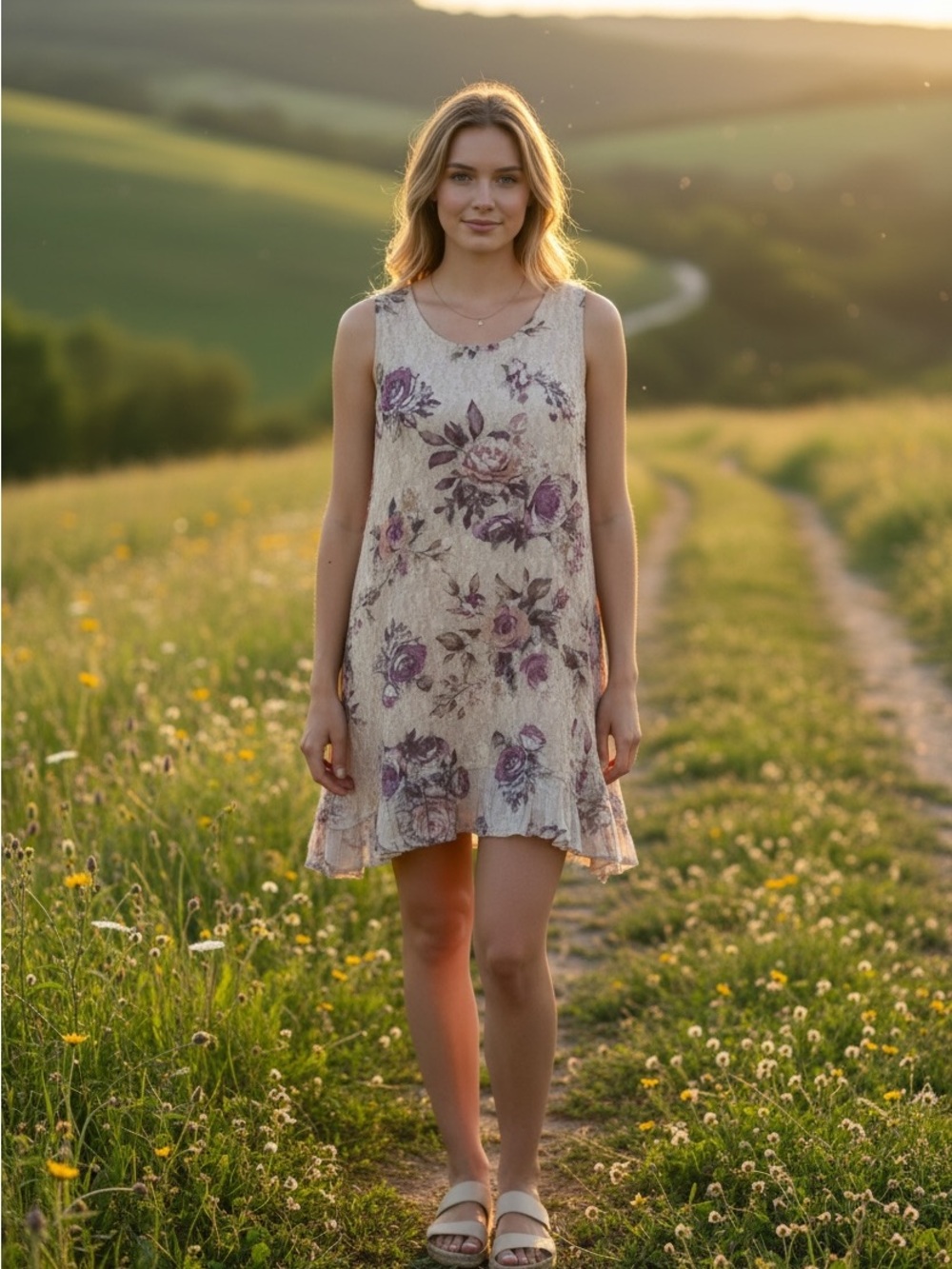 Origami Floral Sleeveless Summer Dress in Cream and Purple